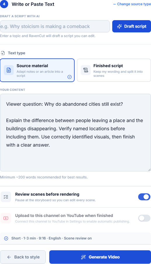 RavenCut content form showing Source material and the Review scenes before rendering setting