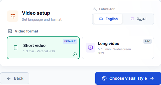 RavenCut video setup showing language and format choices with demonstration account data
